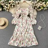 Neploe V-Ausschnitt Rüschen Patchwork Elegantes Kleid Böhmischer Druck Sommerurlaub Vestidos V-Ausschnitt Puff Langarm Robe Frühling Slim 210423