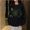 Koreanische College-Stil Herbst Winter Geometrische Muster Argyle Pullover Lose Übergroße Oansatz Gestrickte Pullover Frau Jumper Mujer 210917