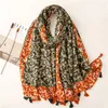 Mode Herfst Luxe Viscose Sjaal Indische Vintage Bloemen Tassel Hijab Sjaals en Wraps Vrouwelijke Foulards Echarpe Designer