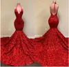 2022 Sexig Backless Red Afton Klänningar Halter Deep V Neck Lace Appliques Mermaid Prom Dress Rose Ruffles Special Occasion Party Gowns BC10882