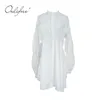 Short Shirt Long Puff Sleeve Pleated Single Breasted Casual Loose Party Mini Dress Spring Autumn Women 210415