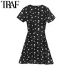 TRAF Kobiety Chic Moda Floral Print Wrap Mini Dress Vintage V Neck Krótki Rękaw Sukienka Sukienki Sukienki Vestidos 210415