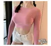 WOMENGAGA Street Girl Hollow Out Taille Bandage Langarm T-Shirt Sexy Pink Korean Slim Bottom Tees Sommer Tops BAMI 210603