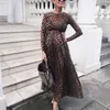 Платья для беременных с длинным рукавом Высокая шеи леопардовый принт Rauffled 2021 весеннее беременное платье элегантное вместе одежда для беременных Q0713