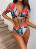 Women's Swimwear Sexy Colorful Female Swimsuit High Waist Bikini Women Two-pieces Set Short Sleeve Bather Bathing Suit Swim V2805