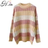 Pull Femme Nouveaute Färgglada Striped Pull Jumpers Oneck Flare Sleeve Rosa Femme Chic Vinter Kläder Kvinnor 210430