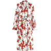 Women's Trench Coats Women's Red Floral Kimomo For Women Retro Fashion Belted Coat Girls Plus Size Spring Blossom Robes Japanese Kimono