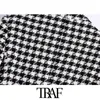 TRAF Mujeres Moda Tweed Houndstooth Blazer Abrigo Vintage Manga larga Welt Bolsillos Mujer Outerwear Chic Veste 211006