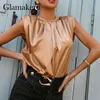 Glamaker Shoulder pads casual summer fashion top Satin sexy pleated elegant o-neck party club top Loose sleeveless tee tanks 210412