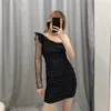 Black Mesh Sequin Party Dress Women One Shoulder Sheer Long Sleeve Slim Mini Sexy es Ladies Vintage 210519