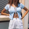 Sexy Cropped Top Lace Up Short Sleeve Hollow Out Front Split Hem O-Neck Slim Kobiety Moda Summer Sexy Streetwear 210527