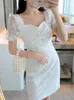 활주로 디자이너 여름 드레스 고품질 여성 패션 옷 짧은 소매 꽃 자수 메쉬 휴가 드레스 210529
