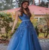 Elegante v-hals blauwe lange prom jurk met kant sexy kralen vloer lengte tule plus size avondjurken backless formele feestjurken 2021Speciale gelegenheid dragen
