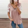 Zomer Casual Patchwork Tee Shirts Vrouwen Elegante Borduurwerk Kant Tops Dames Sexy Low-Cut V-hals Rits Loose Pullovers Dames T-shirt