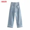 Tangada летние женщины светло-голубой разорванные свободные джинсы брюки длинные брюки кармана кнопки женские штаны 4m149 210609