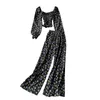 Fashion Vintage suit Elegant U neck waist slimming floral shirt two-piece sets womens high slim wide-leg print pants 210420