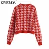 KPYTOMOA Женская мода HoundStooth Cross Open Knit Cardigan свитер Урожай о шеи с длинным рукавом женская верхняя одежда Chic Tops 211018