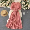 Женские летние платья Midi French Dress 2021 Sweet V-образным вырезом с пышными рукавами и высокой талией Элегантная однотонная женская одежда Год Женские купальники