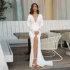 Boho Sirène Robes De Mariée 2022 Dentelle Appliques Col En V Moyen Fente À Manches Longues Crêpe Robes De Mariée Robe De Mariée Robe De Noiva