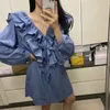 Denim Kadın Seksi Mini Elbise Ruffles V Yaka Uzun Kollu Kovboy Rahat Gevşek Kot Kadın A-Line Elbiseler 210428