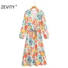 Mujeres elegante cruz v cuello flor estampado arco fajas una línea midi vestido femme manga larga kimono vestido chic vestidos DS4494 210420