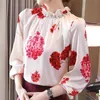 Blusar Femme Toppar Kvinnor Långärmad Blus Kvinnor Blusas Mujer de MODA Beading Stand Collar Print Chiffon Blouse Shirt E647 210602