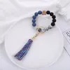 Food Grade Acrylic Beads Bracelet Party Gift Wooden Bead Bangle Keychain PU Tassel Anti-lost Keyring