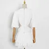 White Sexy Dress For Women V Neck Lantern Half Sleeve Hollow Out High Waist Mini Dresses Female Summer Clothing 210520