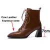 Meotina Genuine Leather High Heel Ankle Boots Women Shoes Square Toe Thick Heels Lace Up Zipper Short Boots Autumn Black Size 41 210520