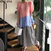 Korejpaa Women Dress Korean Fashion Chic Summer Vintage Plaid Round Collar Loose Bubble Sleeve Cake Long Vestido Female 210526
