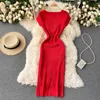 Spring Summer Women's Sexy Knitted Bodycon Dress Elegant Solid Colour Short Sleeve Vintage Femme Robe Korea Clothing 210514