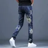 Stylish High Quality Mens Elastic Washed Denim Printed Jeans, Light Luxury Slim-fit Casual Jeans,Young Boys Must; 211108