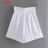 Tangada Mulheres Cintura Alta Branco Largo Perna Shorts com Bolsos Zipper Bolsos Feminino Retro Calções Casuais Pantalones 4N75 210609