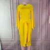 女性のカジュアルな綿のボディコン黄色のドレスのためのフレアスリーブアフリカのドレススリットサッシ弾性女性控えめなチュニックのサイズ2xl 210416
