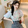 Llzacoosh Fashion Printing Mesh Patchwork Women's Beading Shirts Blouse O Neck Puff Sleeve Sommar kvinnlig kläder 210514