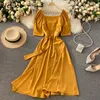 Neploe Square Collar Clavicle Exposed Sexy Dress Women High Waist Hip Sashes A Line Vestidos Short Sleeve Summer Solid Robe Slim 210423