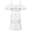 Höst Sexig Spaghetti Strap Beaded Ruffle Short Top + Mini Skirt 2 Två Piece Set White Women's Celebrity Party 210527