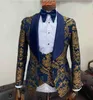 Real Po Navy With Gold Paisley Woollen Fabric Groom Tuxedos Shawl Lapel Men Business Suits Wedding Prom Dinner Clothes Jacket 233M