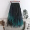 Printemps été 3 couches longue jupe en Tulle femmes Style coréen maille soleil école taille haute Midi plissé femme 210421