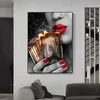 Sexy Red Lips Girl Fire Dollar Money Posters and Prints Canvas Paintings Wall Art Pictures for Living Room Home Decor Cuadros No 238q