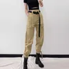 Bältespänne lastbyxa hip pop streetwear band bf lösa harem strålfot joggare kvinnliga sweatpants knapp byxor 210531