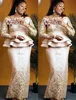 Árabe Aso Ebi Estilo Sereia Prom Vestidos 2022 Pink Satin Sleeves Longa Lace Appliques Plus Size Formal Evening Ocasião Vestidos Robe de Soiree