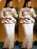 Arabisch Aso Ebi-Stil Meerjungfrau-Abschlussballkleider 2022 Rosa Satin mit langen Ärmeln Spitze Applikationen Plus Size Formale Abend-Anlass-Kleider Robe De Soiree