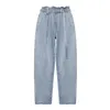 Kvinnor Blå Drawstring Ruffles Solid Jeans Pocket Empire Casual Straight Ankel Längd Byxor P0017 210514