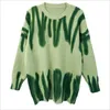 Elegant Green Striped Print Oversized Pullover Winter O-Neck Loose Long Sweaters Streetwear Warm Outerwear 8 Colors 210922