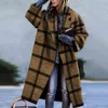 Kvinnor Mode Plaid Print Warm Wool Cardigan Höst Vinter Elegant Turn-down Collar Outwear Office Lady Single Button Loose Coat 211130