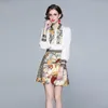 women designer style two pieces set horse chain printed animal floral blouse shirt lady mini skirt office casual clothing 210421