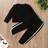 Winter Children Sets Casual Long Sleeve O Hals Letter T-shirt Zwart Broek Leuke 2 stks Meisjes Kleding 3-10T 210629