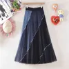 Wiosna Lato Długie Tulle Spódnica Kobiety Koreański Styl Patchwork Siatka Sun School High Waist Midi Plised Kobieta 210421