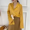 Ankomst Höst Korea Fashion Notched Collar Single-breasted Yellow T Shirts Loose Satin Women Blusas Mujer S447 210512